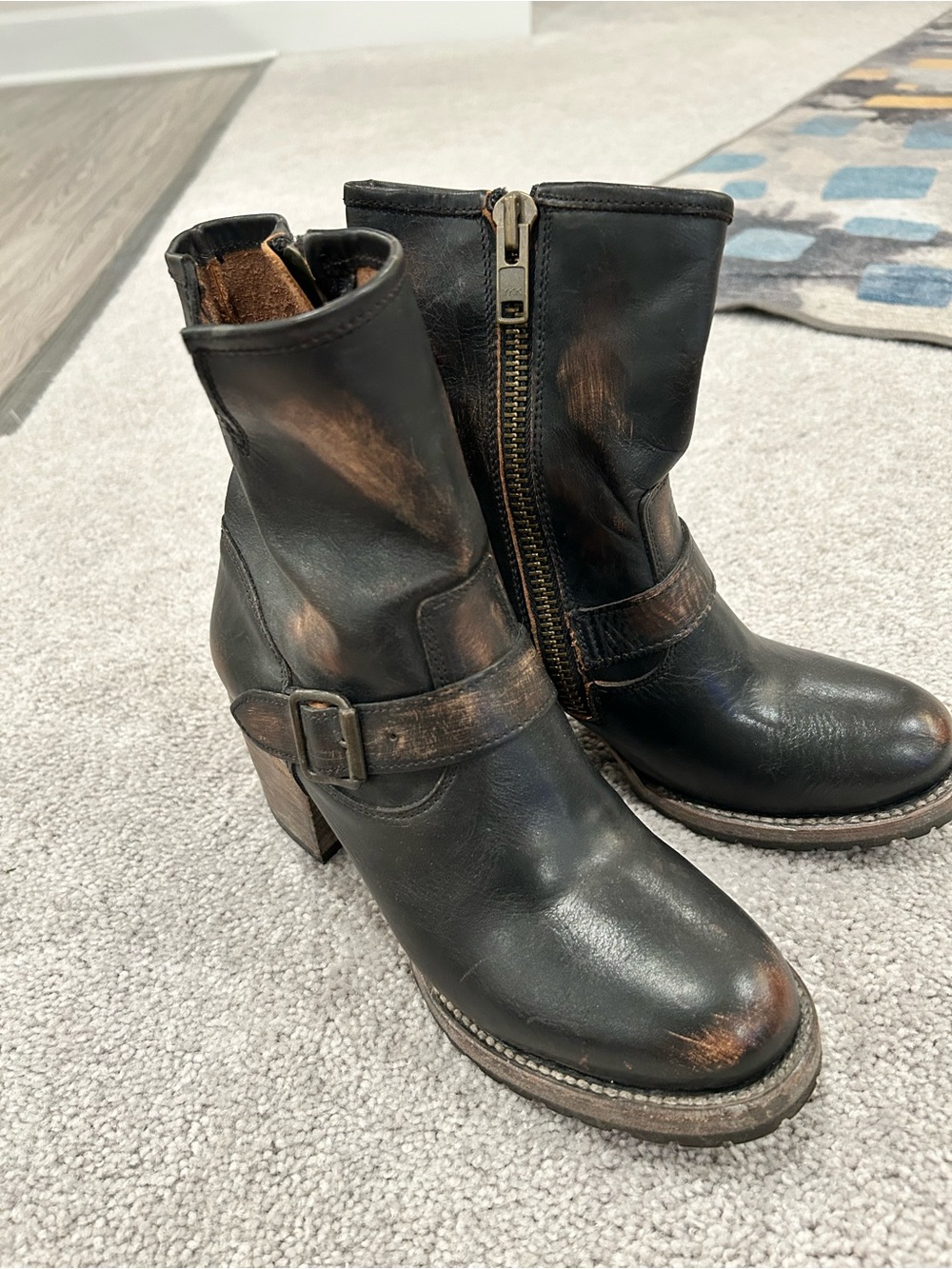 freebird Black Leather Ankle Boots with Buckle & Side Zip